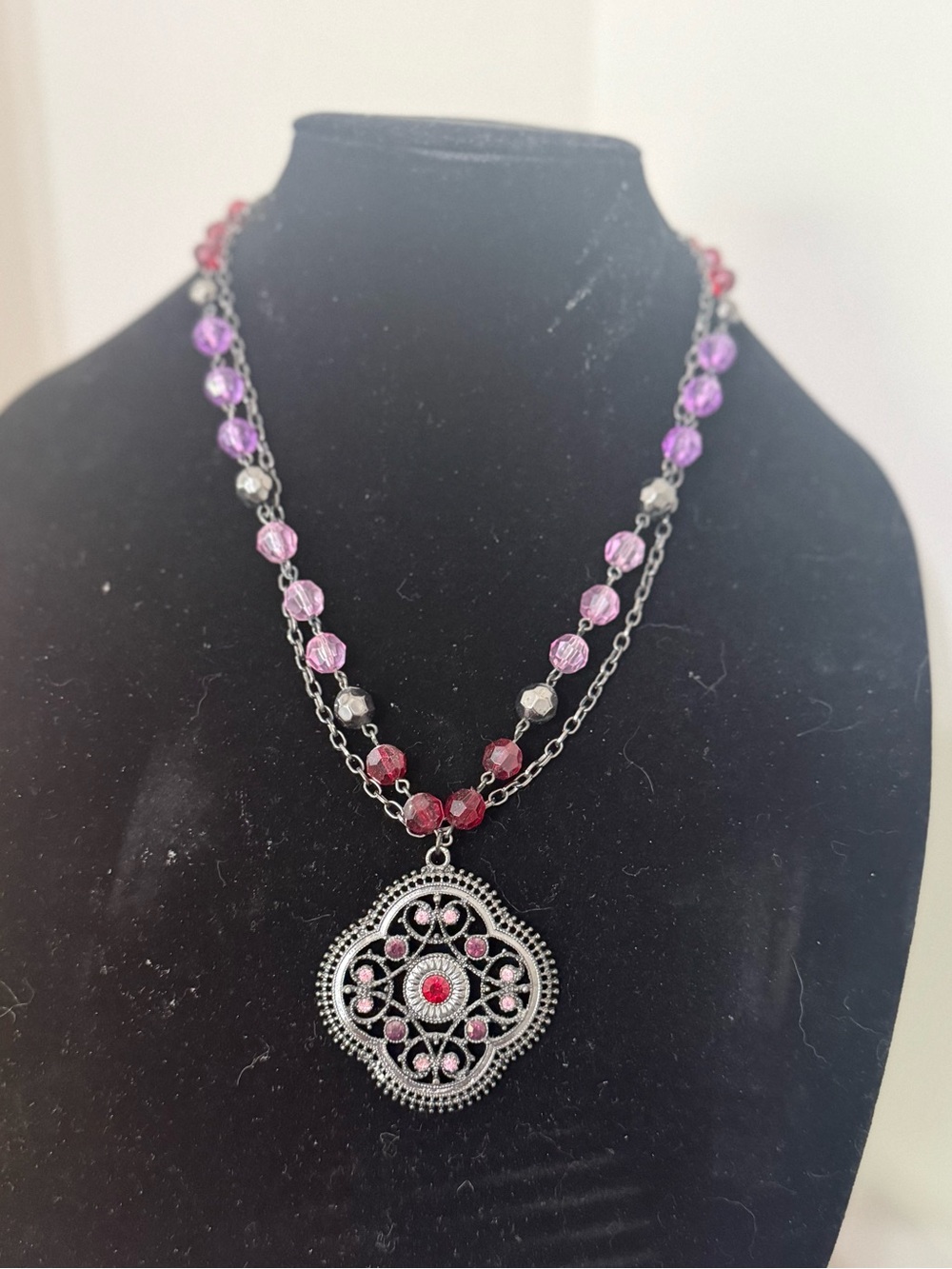 Multi-Strand Purple red Gemstone Pendant Necklace